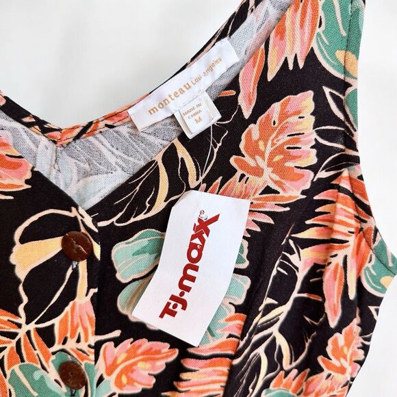 Linen Tropical Hawaiian Floral Vacation Summer Dress Sleeveless M Green Orange - Picture 8 of 11